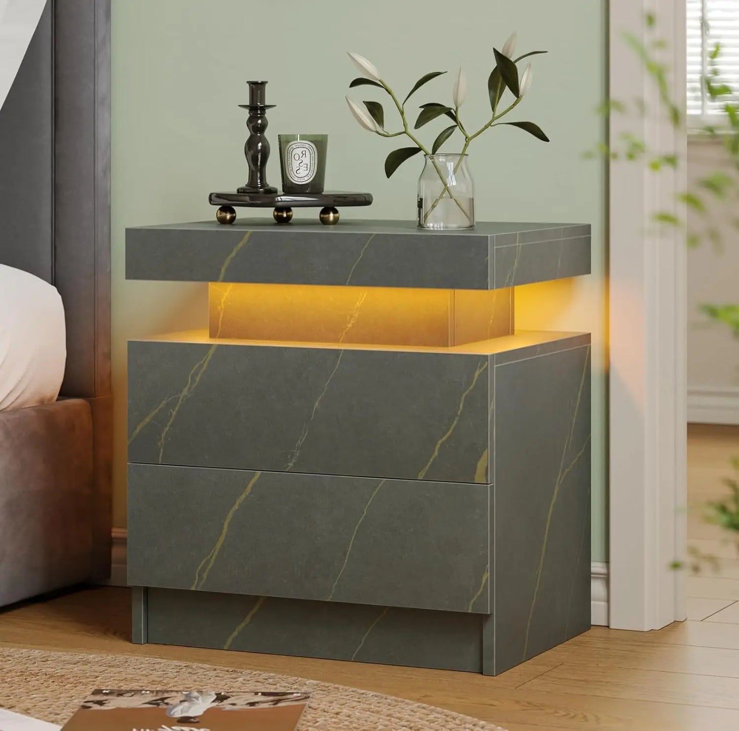 ANGDUO LED Nightstand With Two Wood Drawers Bedside Table
