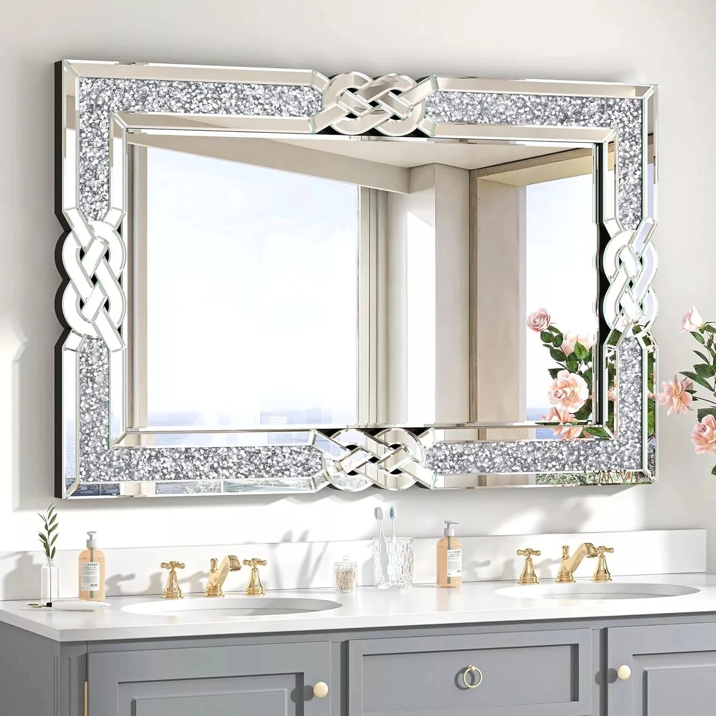 Wisfor Crushed Diamond Wall Mirror With Glam Crystal Frame