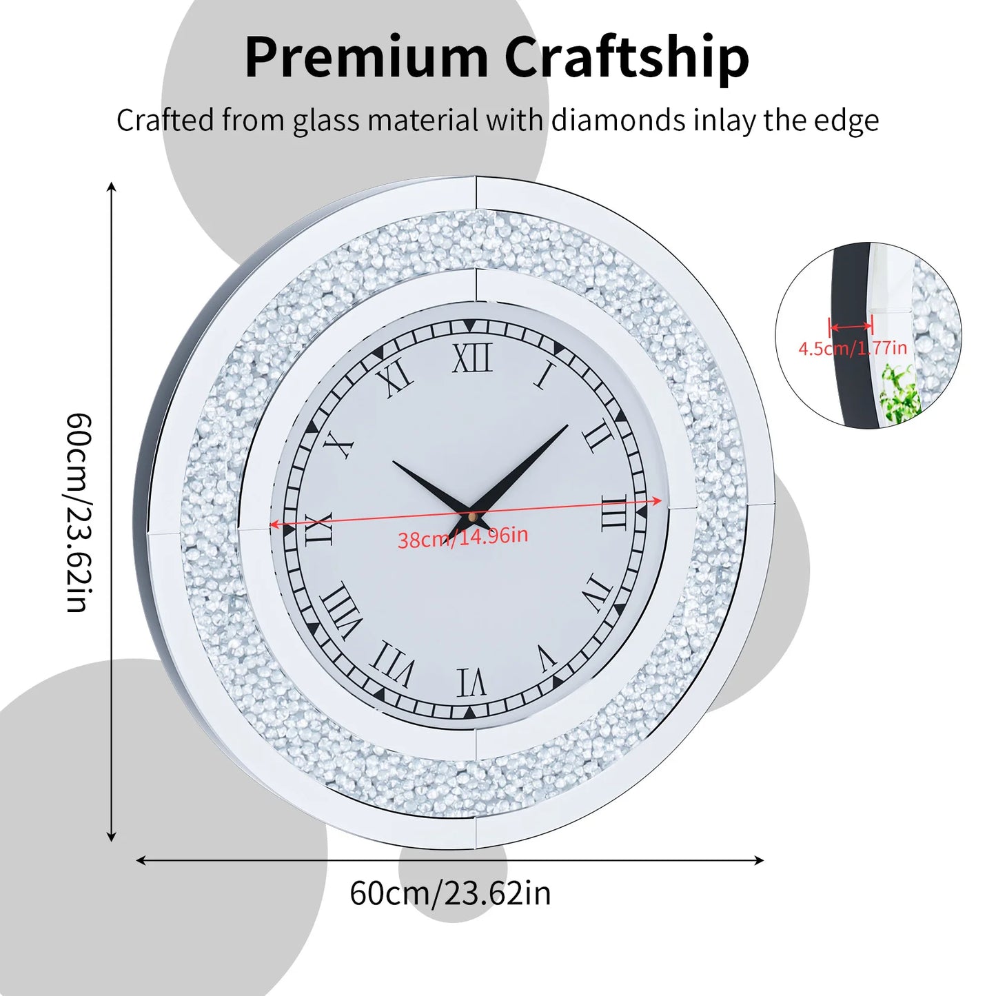 Combination Bling Round Mirror Clock For Home Decor