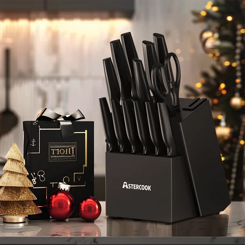 Astercook Kitchen Knife Set With Built In Sharpener Block