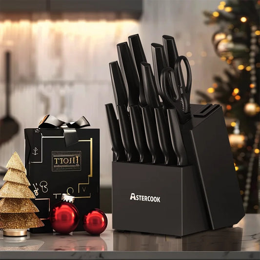 Astercook Kitchen Knife Set With Built In Sharpener Block