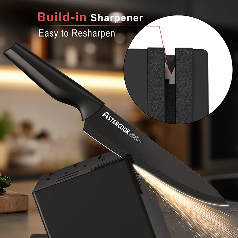 Astercook Kitchen Knife Set With Built In Sharpener Block