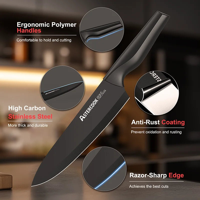 Astercook Kitchen Knife Set With Built In Sharpener Block