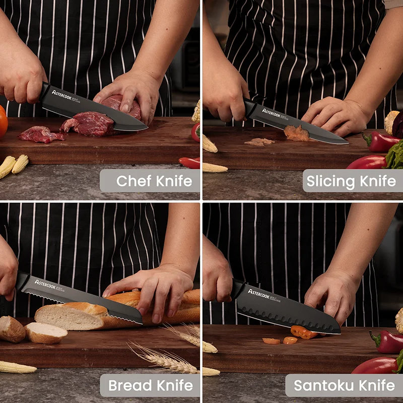 Astercook Kitchen Knife Set With Built In Sharpener Block