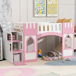 Loft Bed with Playhouse Shape, Windows, Ladders, and Space for Kids