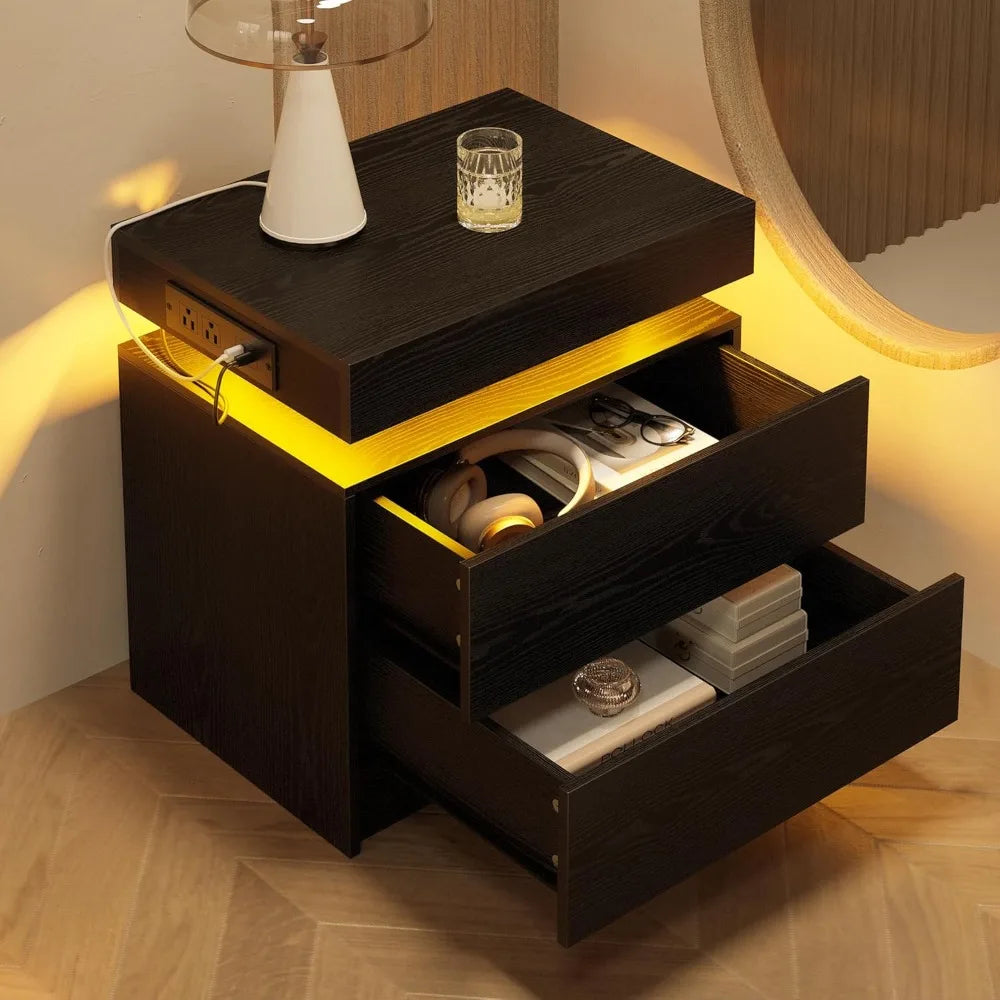 Frame LED Nightstands Charging Station Set Bedside Tables