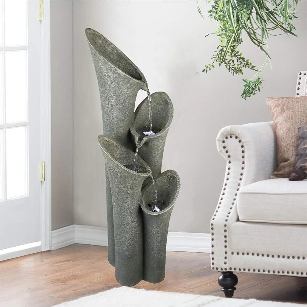 Cascading 4 Tier Outdoor Faux Stone Waterfall Fountain LED