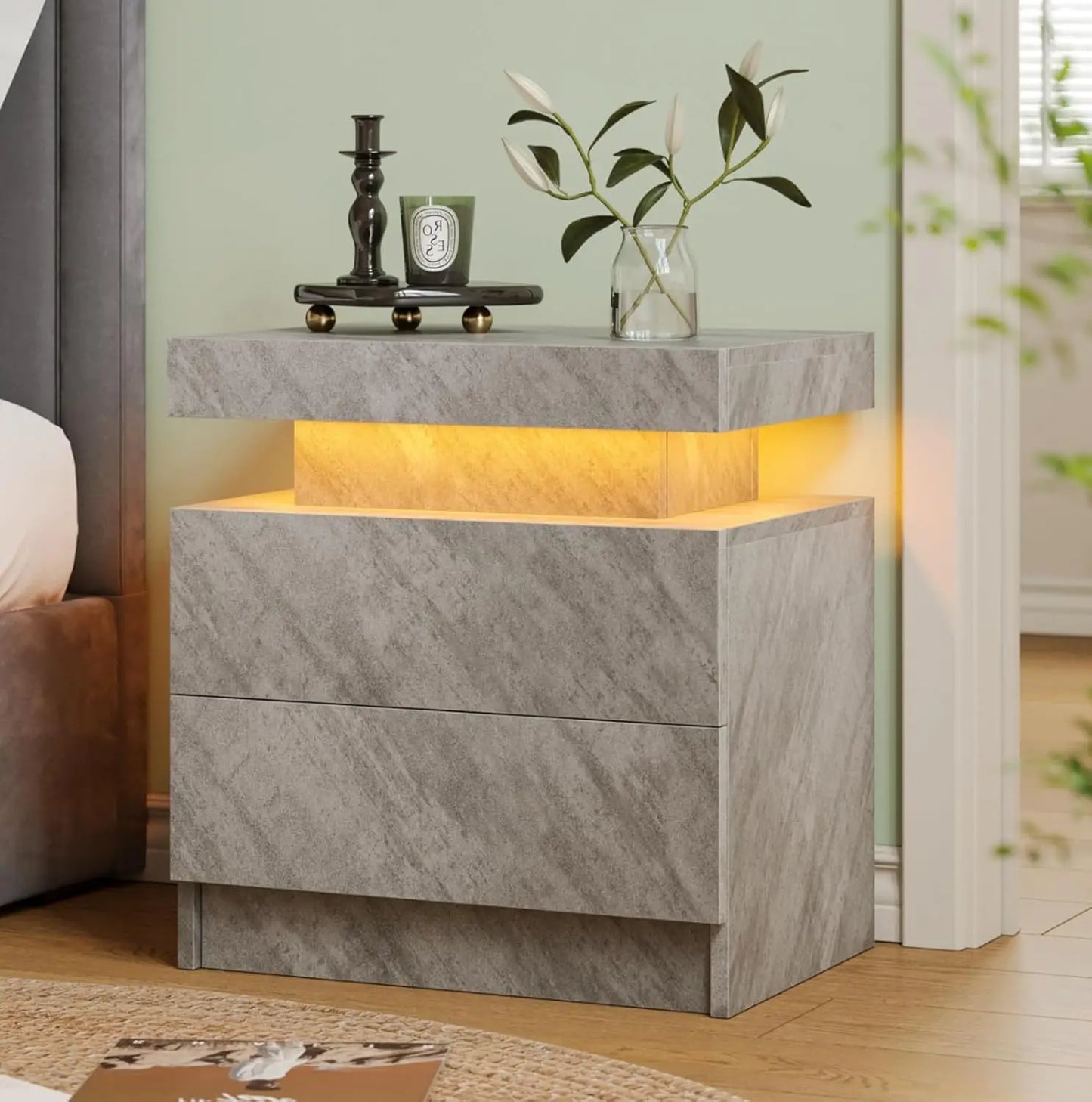 ANGDUO LED Nightstand With Two Wood Drawers Bedside Table