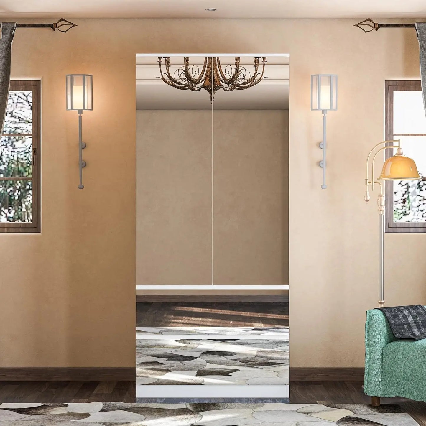 XMSJ Mirror Wardrobe Armoire With Drawers And Hanging Rod