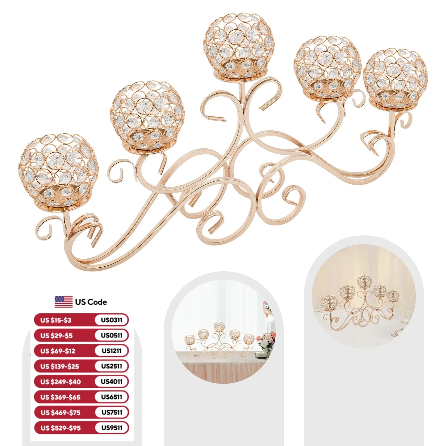 Five Arm Crystal Candle Holder K9 Crystal Candelabra Iron Base