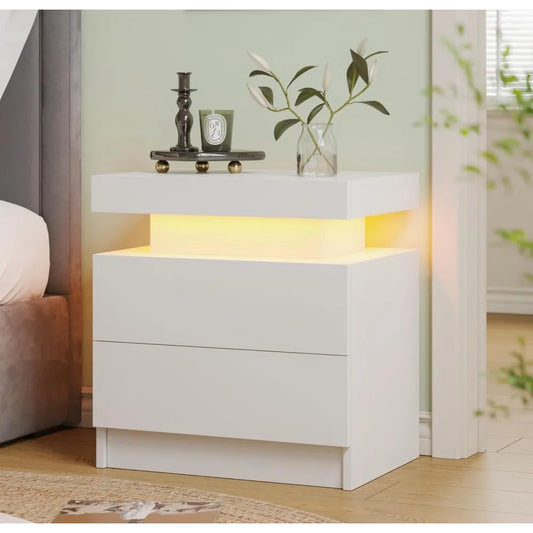 ANGDUO LED Nightstand With Two Wood Drawers Bedside Table