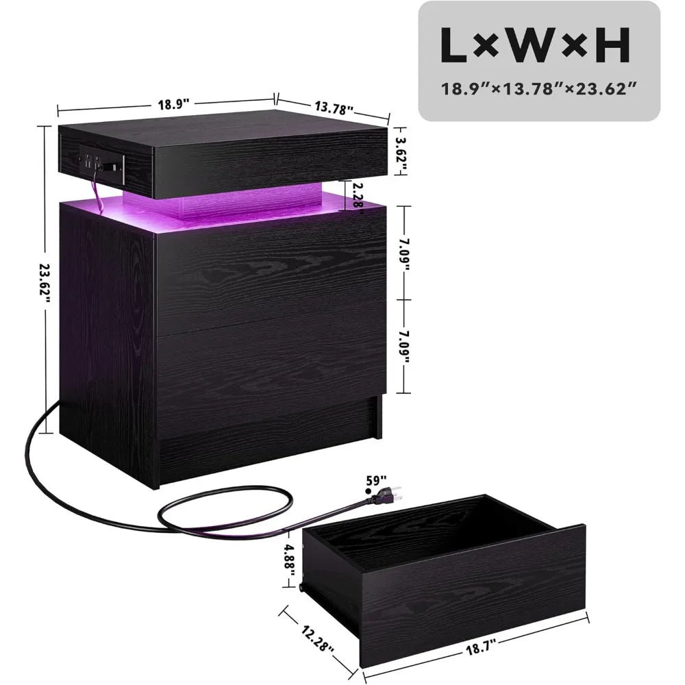 Frame LED Nightstands Charging Station Set Bedside Tables