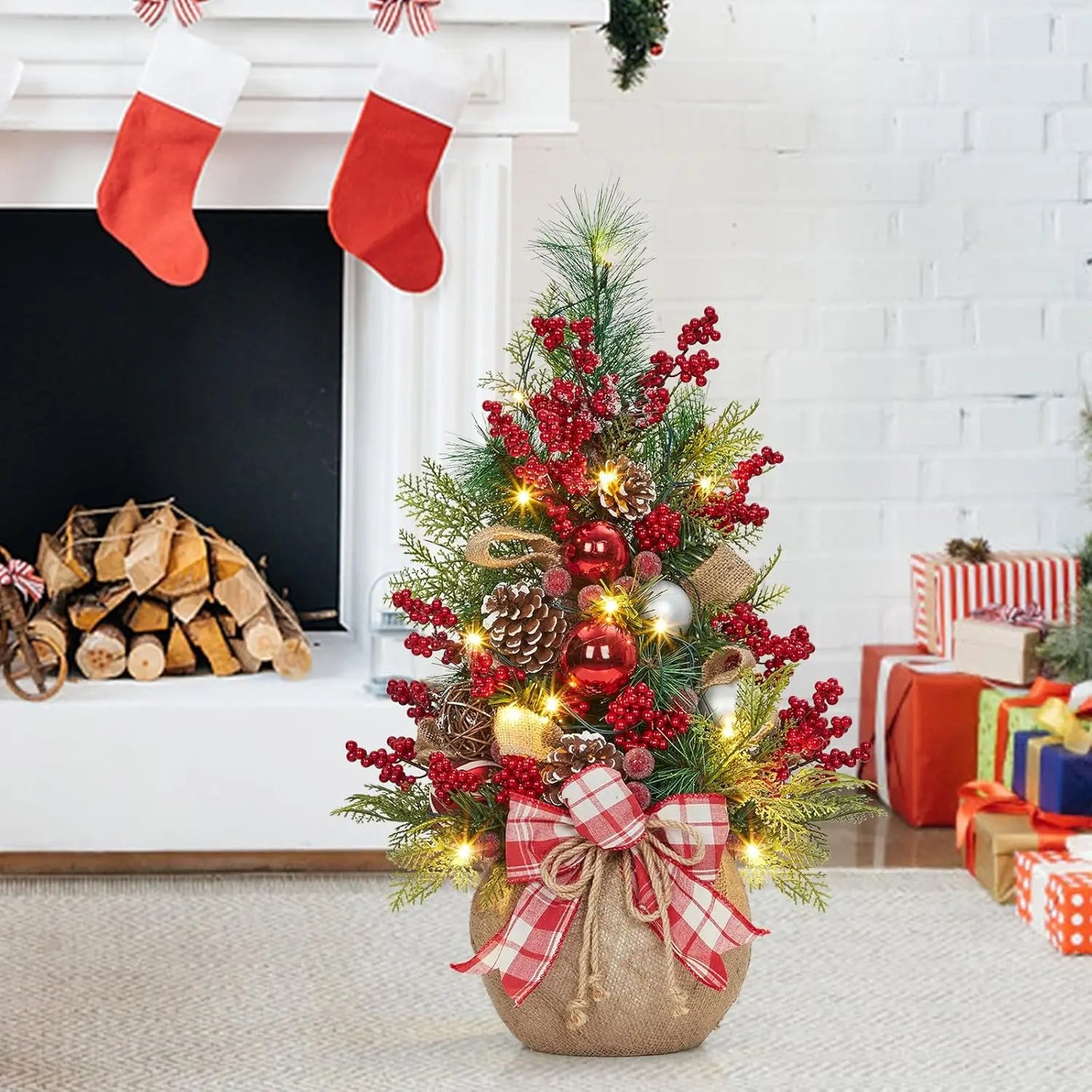 Prelit Mini Christmas Tree With Lights Bow Balls Red Berries