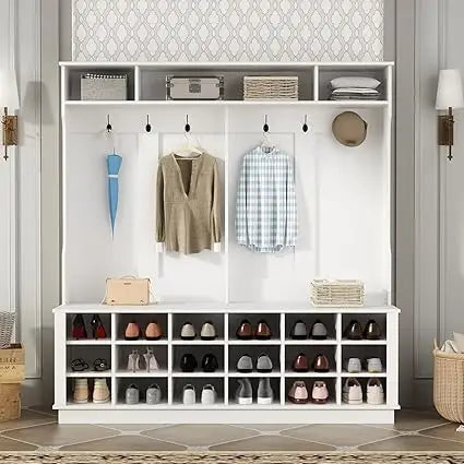 RBXC Modern Entryway Storage Bench With Shoe Cubes Coat Rack