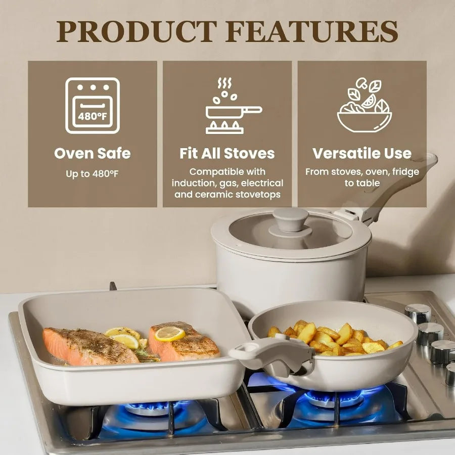 Ceramic Cookware Set Nonstick Pots and Pans Detachable Handles