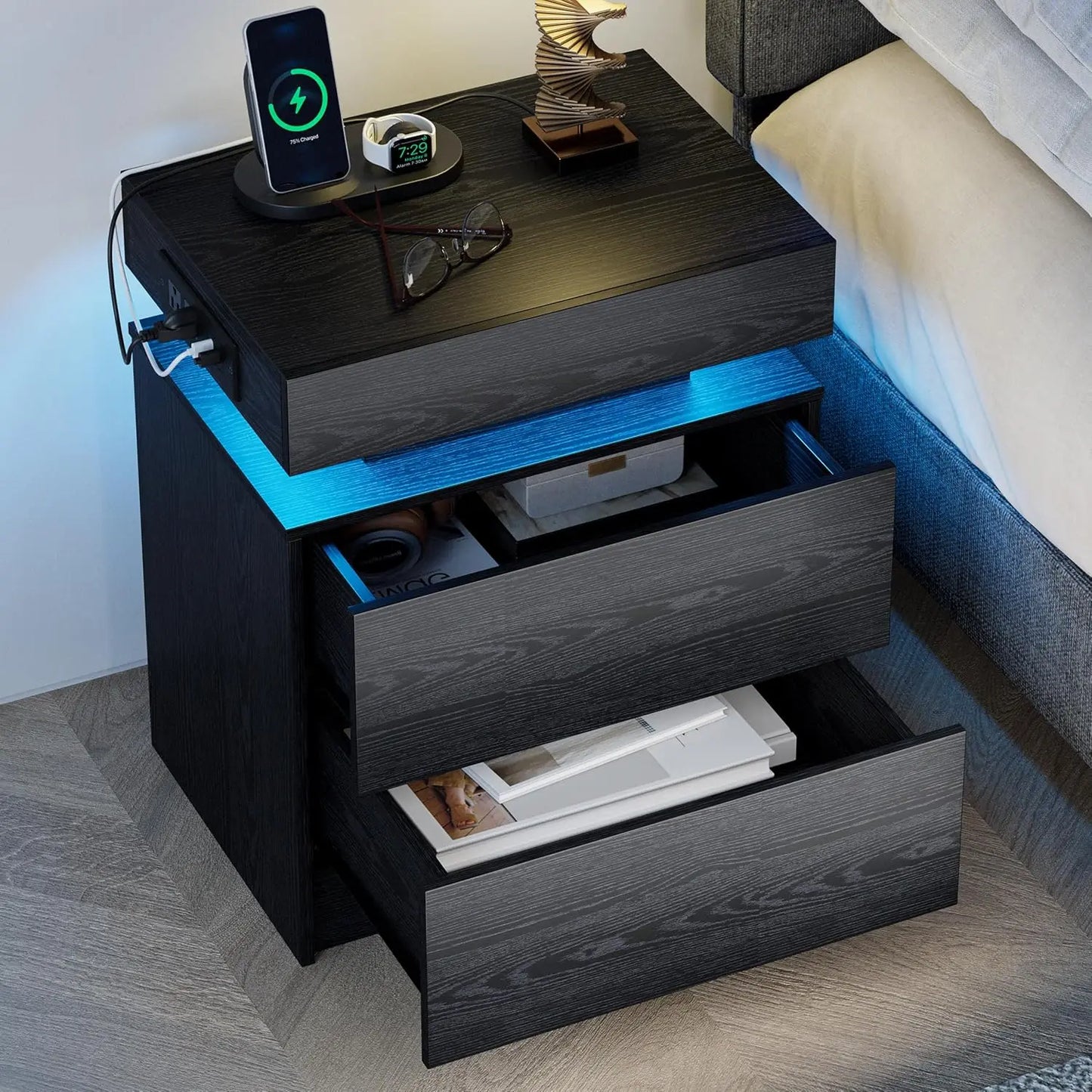 Frame LED Nightstands Charging Station Set Bedside Tables