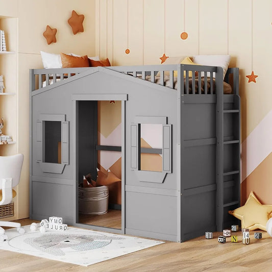 Loft Bed with Playhouse Shape, Windows, Ladders, and Space for Kids
