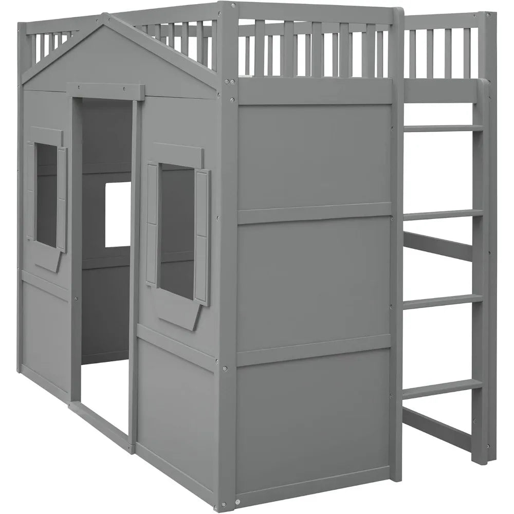 Loft Bed with Playhouse Shape, Windows, Ladders, and Space for Kids