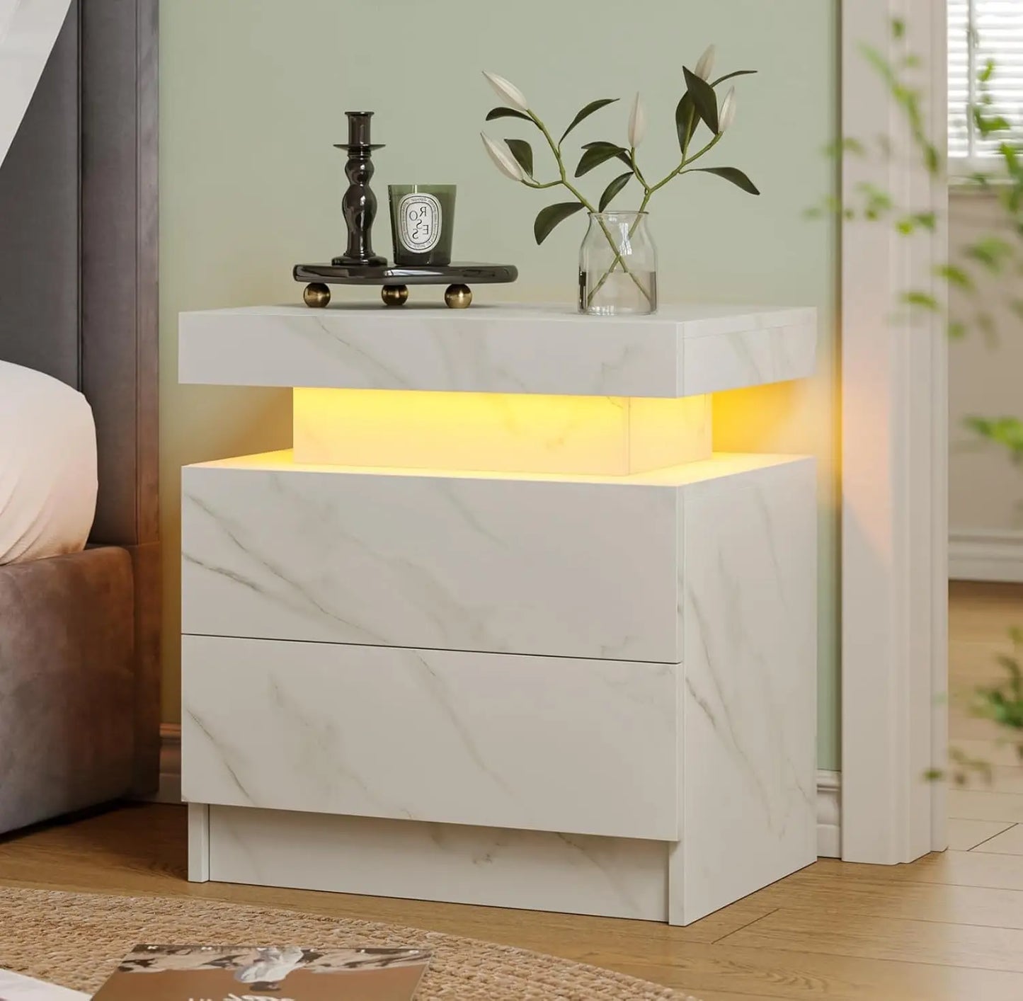 ANGDUO LED Nightstand With Two Wood Drawers Bedside Table