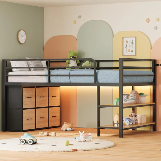 ADORNEVE Loft Bed With Led Lights And Six Storage Drawers