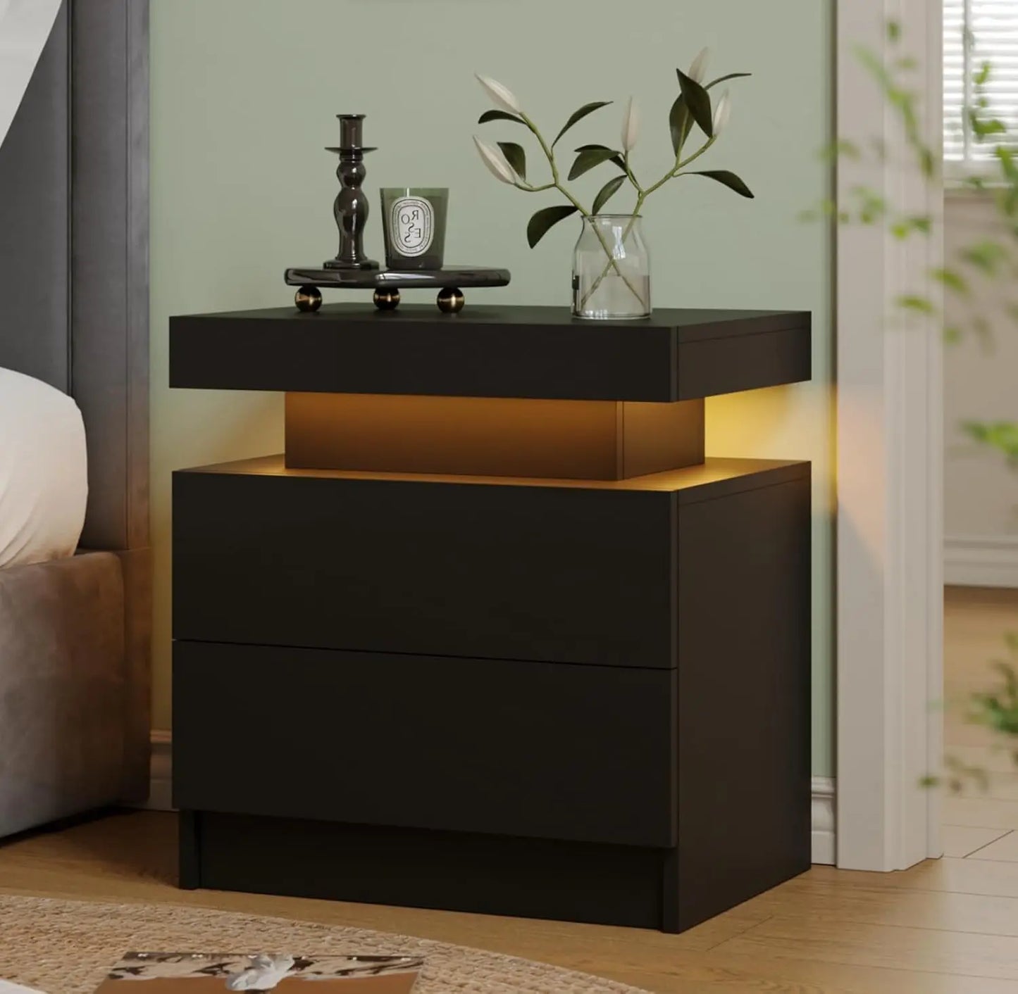 ANGDUO LED Nightstand With Two Wood Drawers Bedside Table