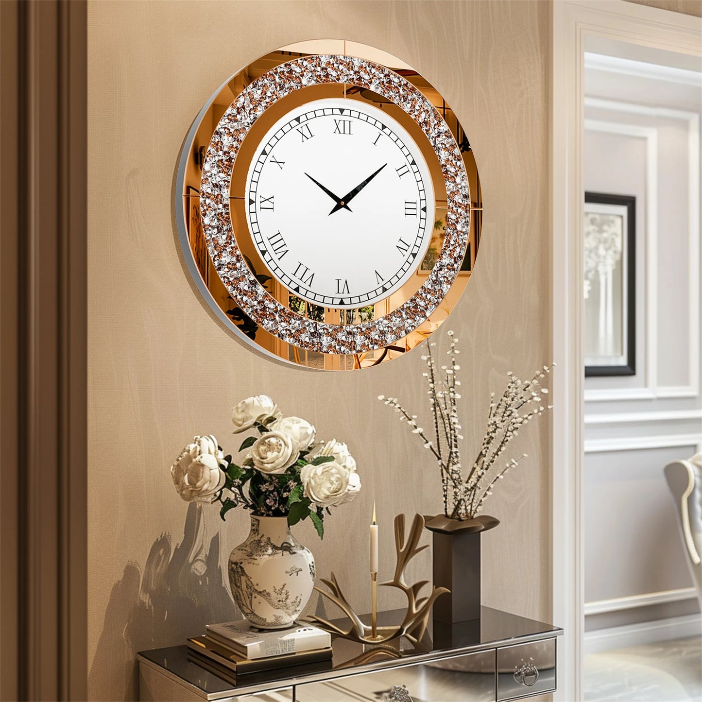 Combination Bling Round Mirror Clock For Home Decor