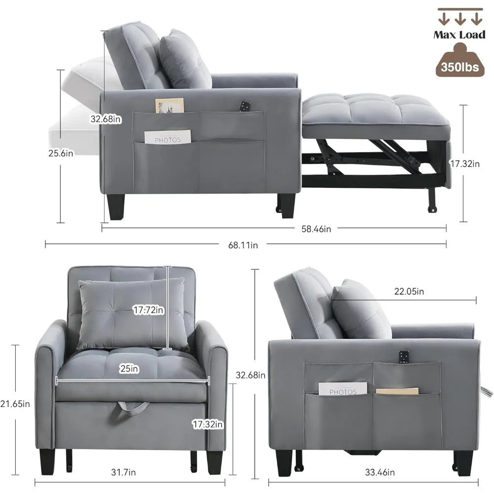 HUANZHUANG Convertible Sleeper Chair Velvet Sofa with Adjustable Backrest
