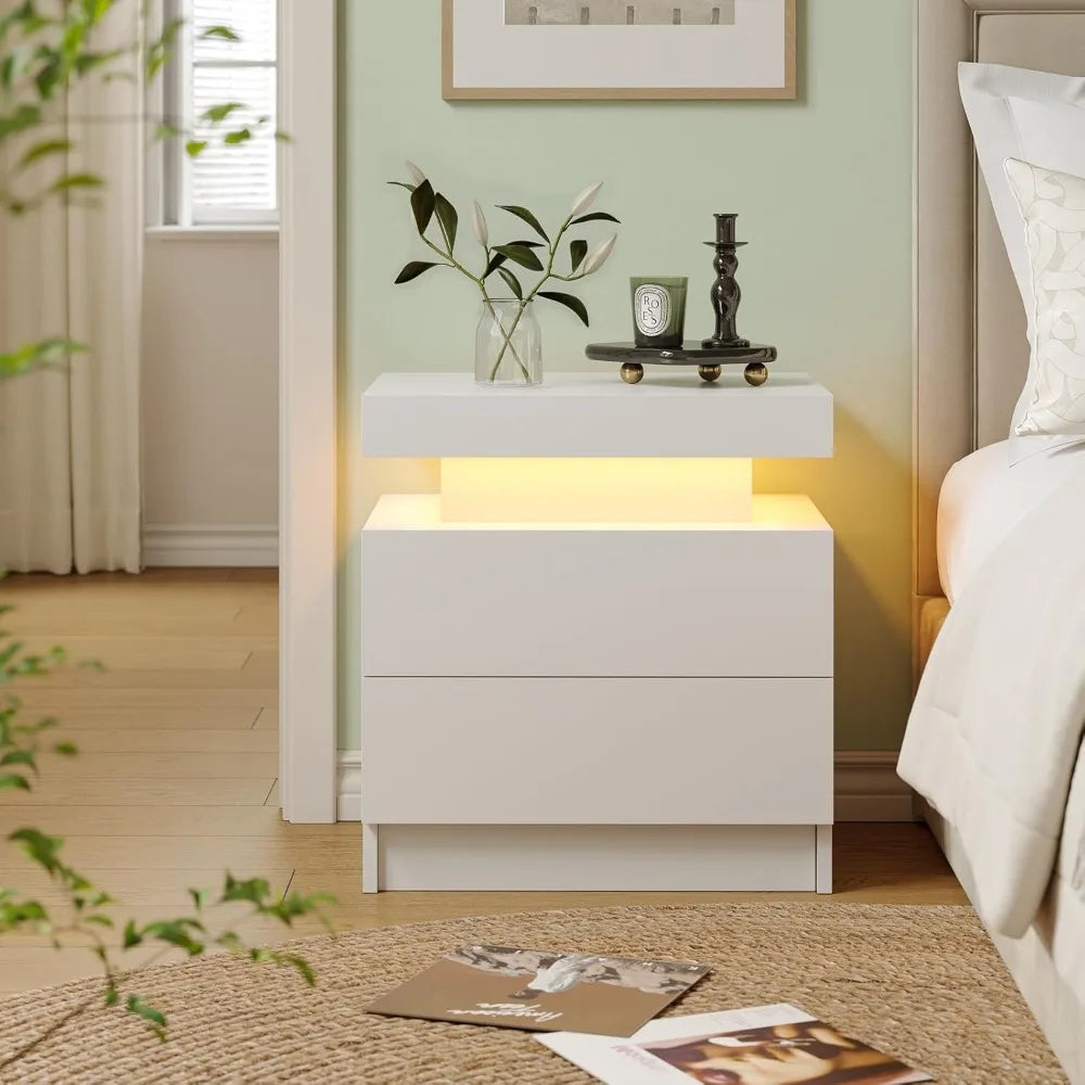 ANGDUO LED Nightstand With Two Wood Drawers Bedside Table