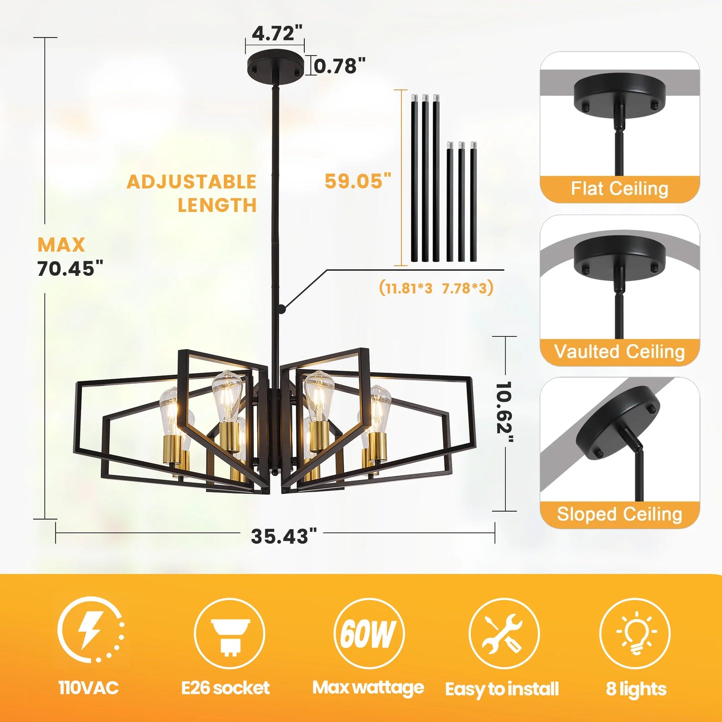 Geometric Chandelier Pendant Light With Adjustable Height Metal Frame