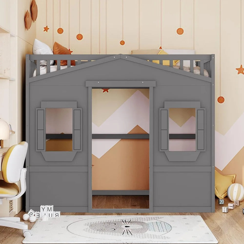Loft Bed with Playhouse Shape, Windows, Ladders, and Space for Kids