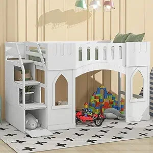 Loft Bed with Playhouse Shape, Windows, Ladders, and Space for Kids
