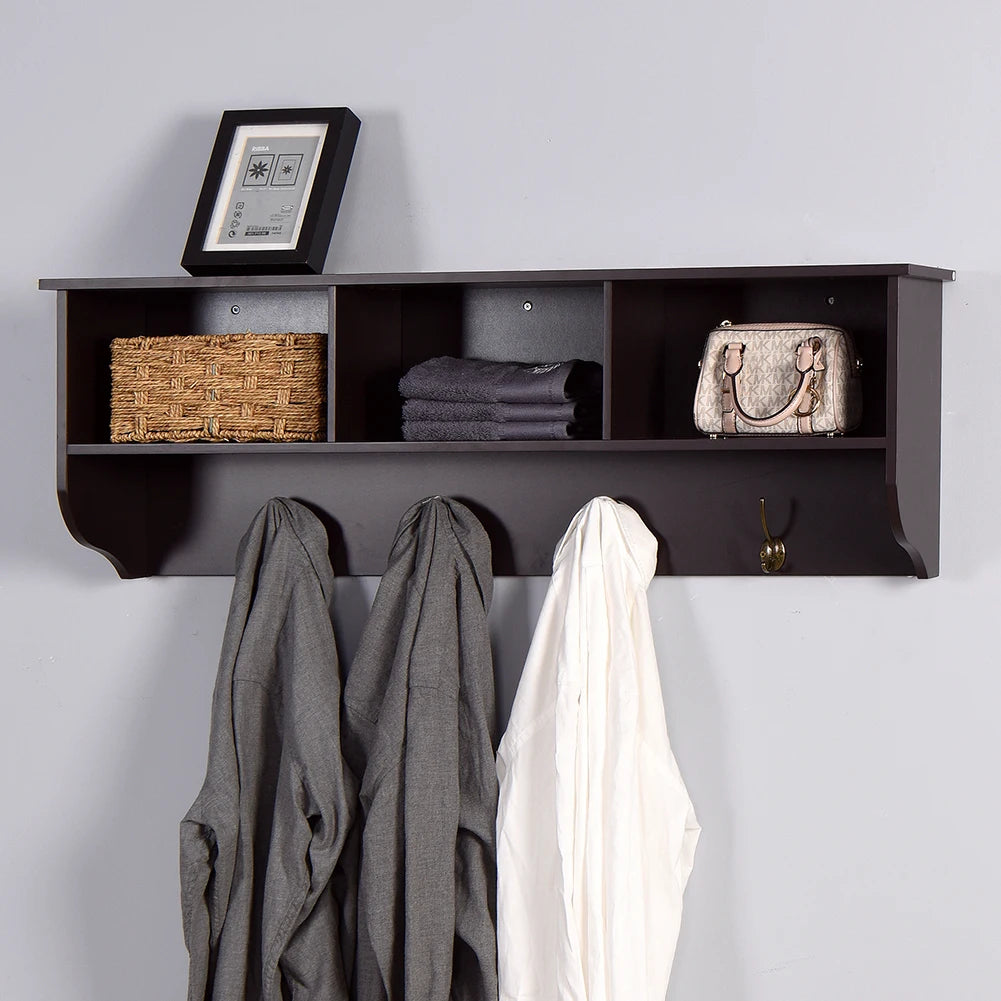General Use Wall Mount Coat Rack With Shelf And 4 Hooks