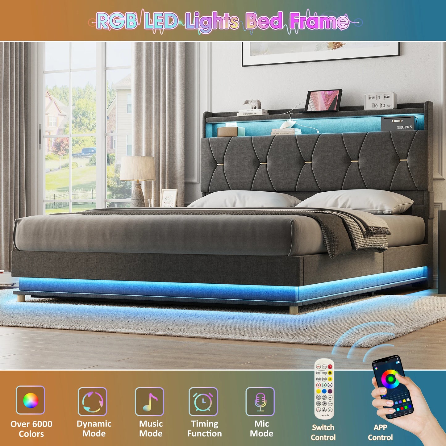 Vabches Lift Up Bed Frame With Storage And LED Lights
