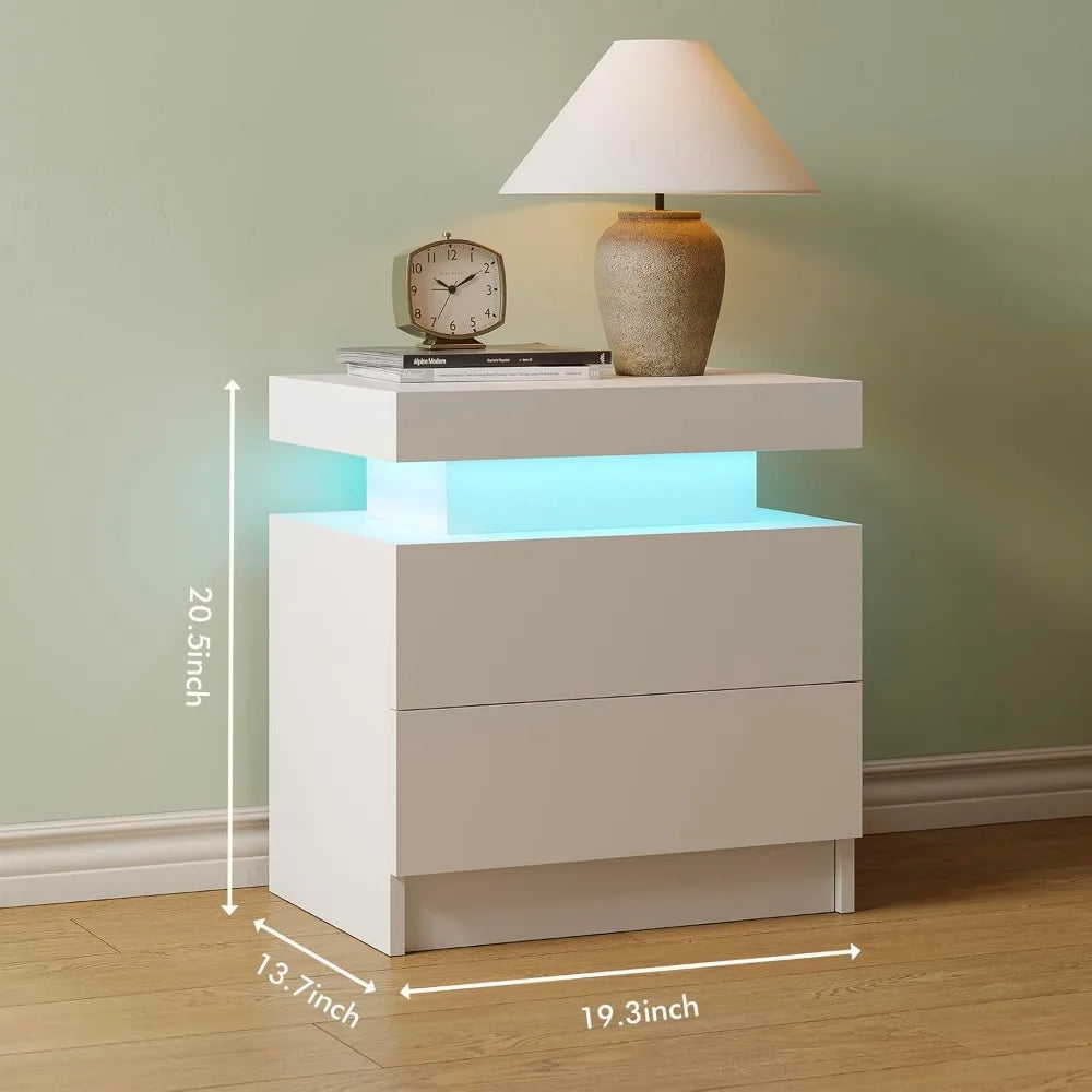 ANGDUO LED Nightstand With Two Wood Drawers Bedside Table