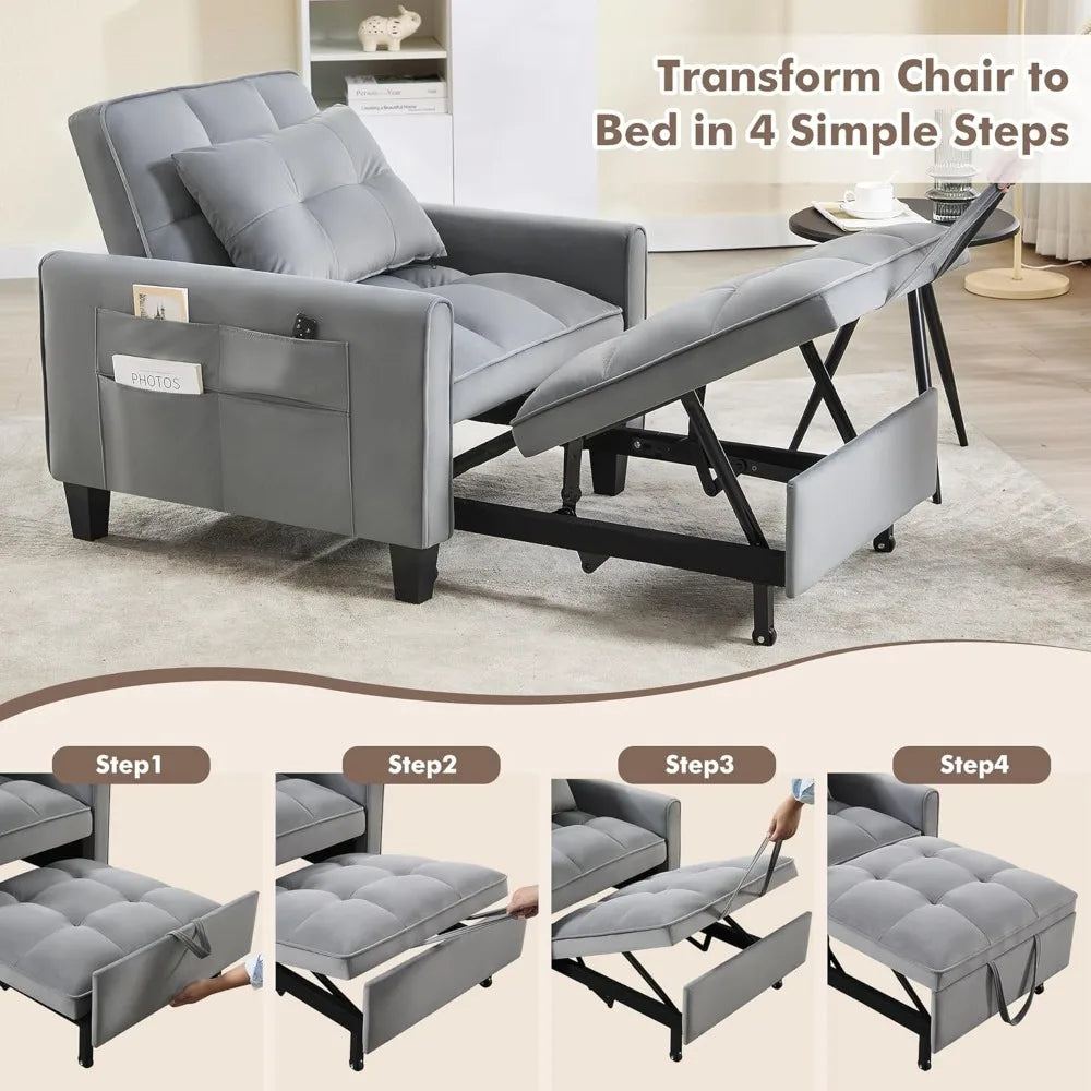 HUANZHUANG Convertible Sleeper Chair Velvet Sofa with Adjustable Backrest