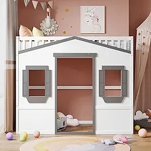 Loft Bed with Playhouse Shape, Windows, Ladders, and Space for Kids