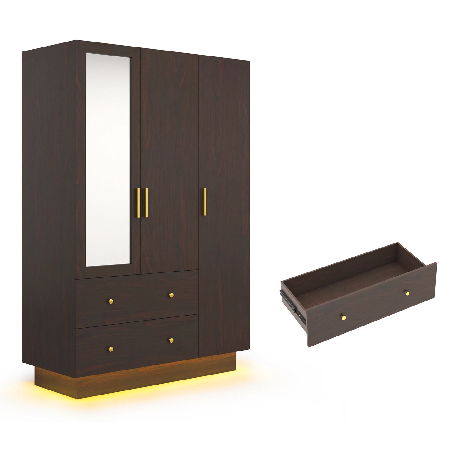QiaoShiRen Modern Wooden Armoire Wardrobe With Mirror LED Lights