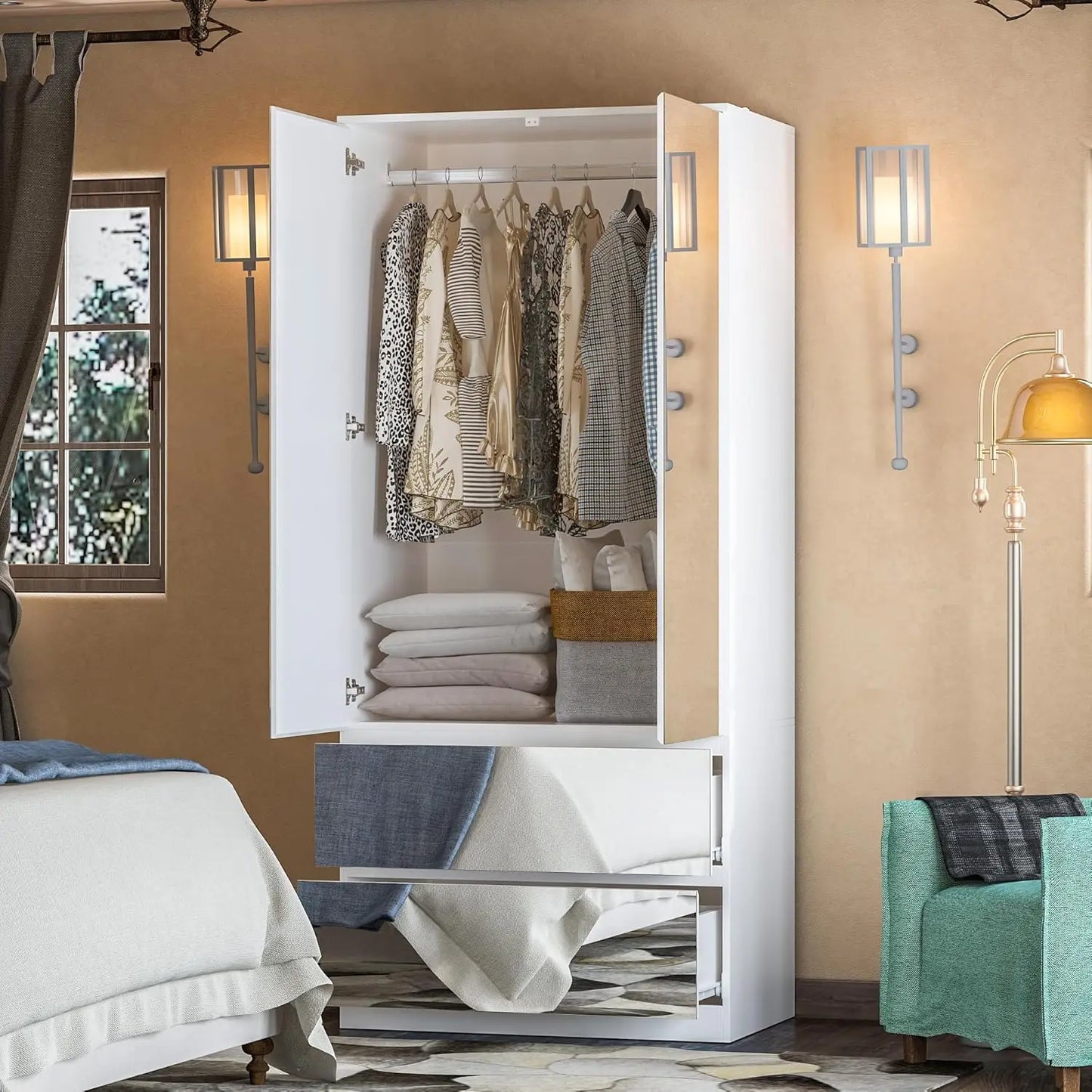 XMSJ Mirror Wardrobe Armoire With Drawers And Hanging Rod