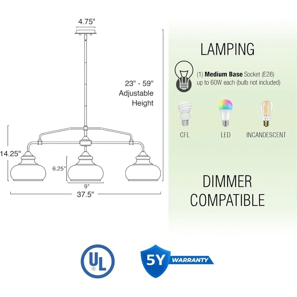 Harlow Modern Industrial Farmhouse 3 Light Kitchen Island