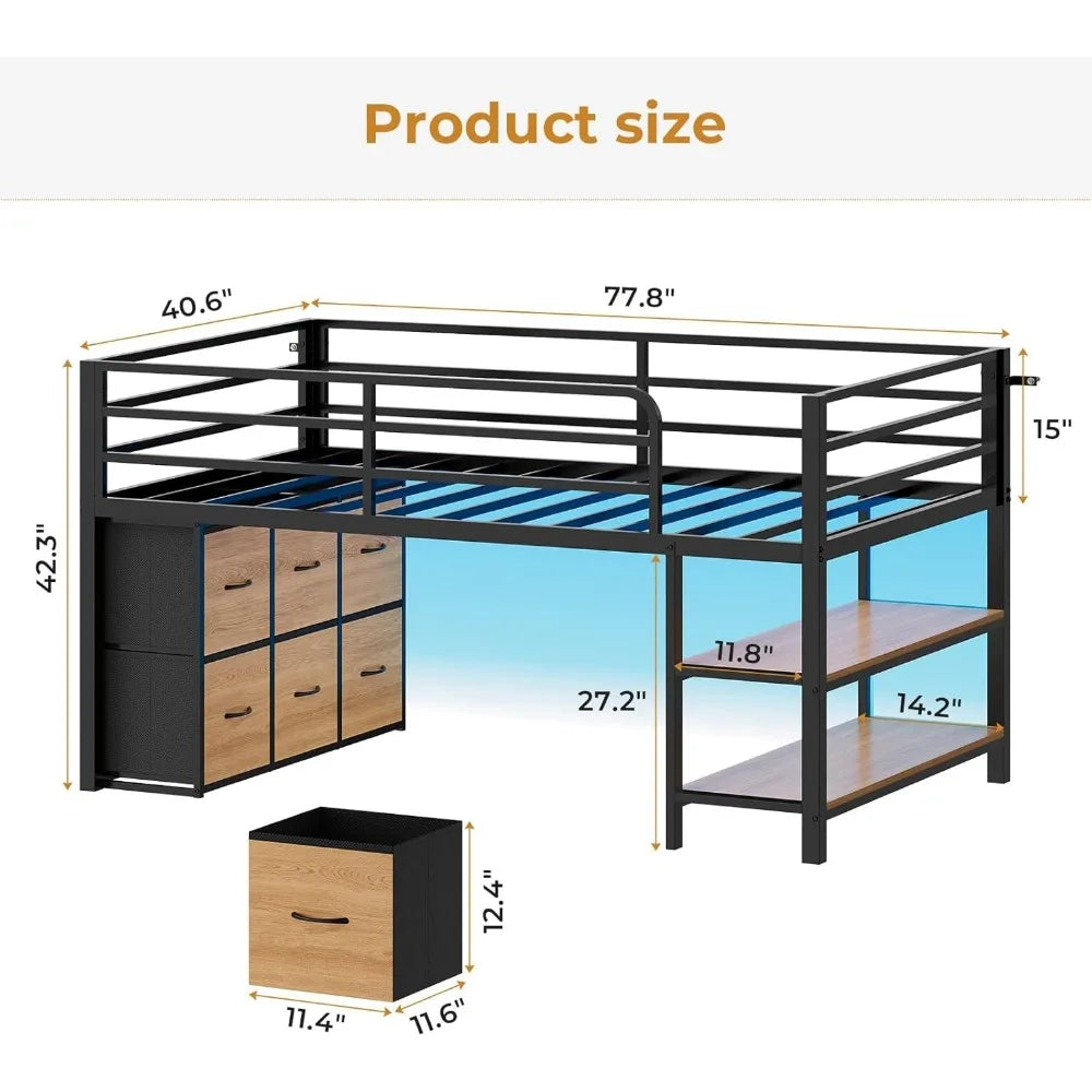 ADORNEVE Loft Bed With Led Lights And Six Storage Drawers