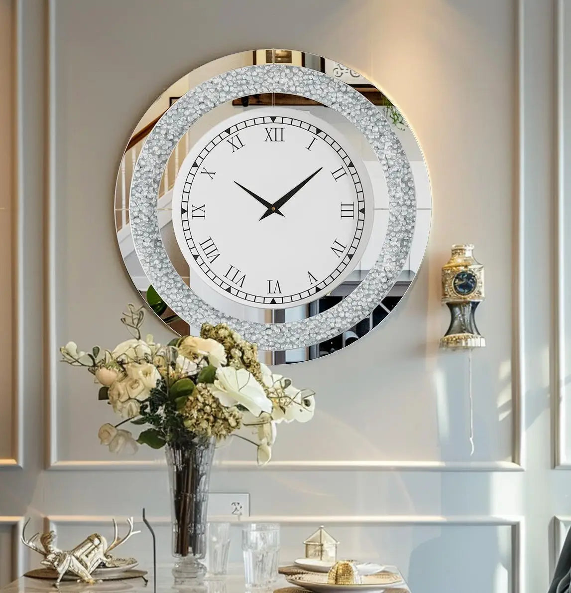 Combination Bling Round Mirror Clock For Home Decor