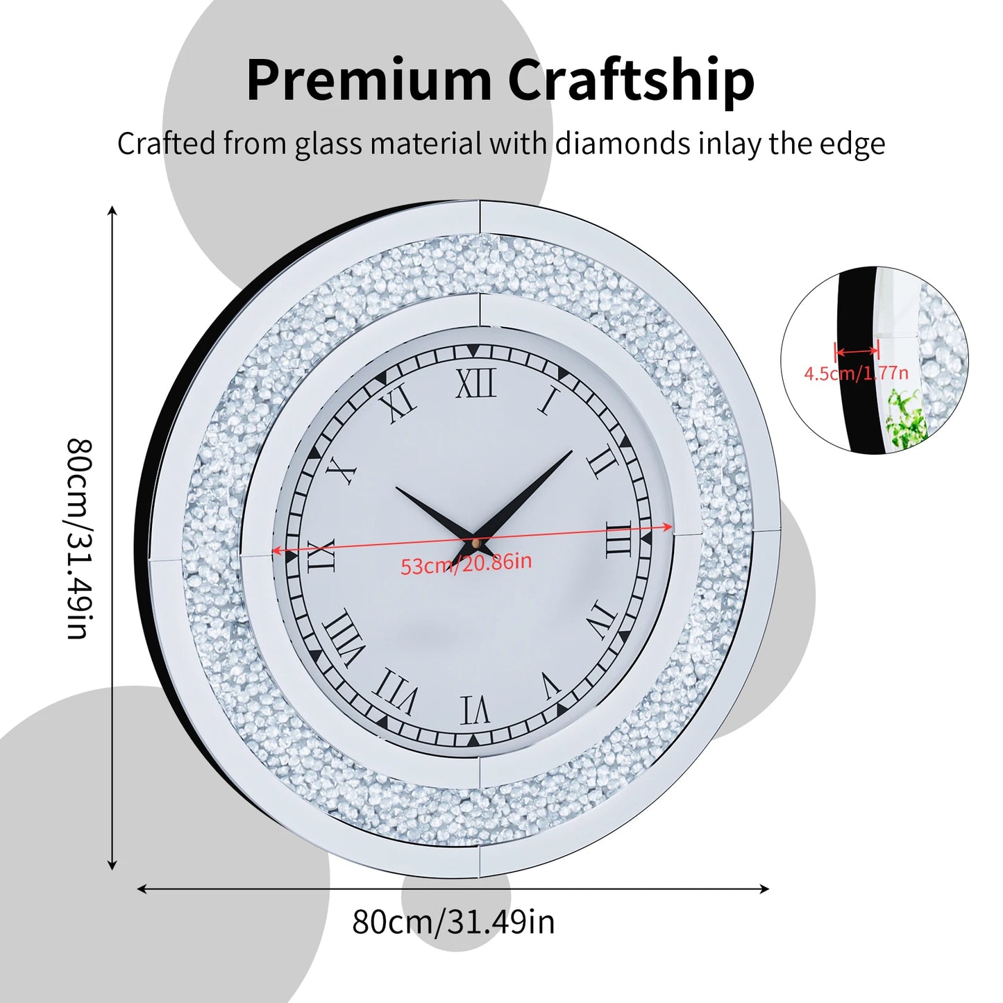 Combination Bling Round Mirror Clock For Home Decor