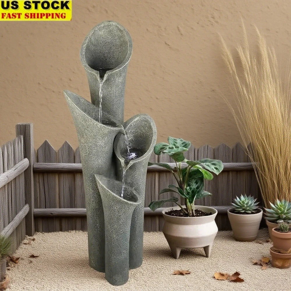 Cascading 4 Tier Outdoor Faux Stone Waterfall Fountain LED