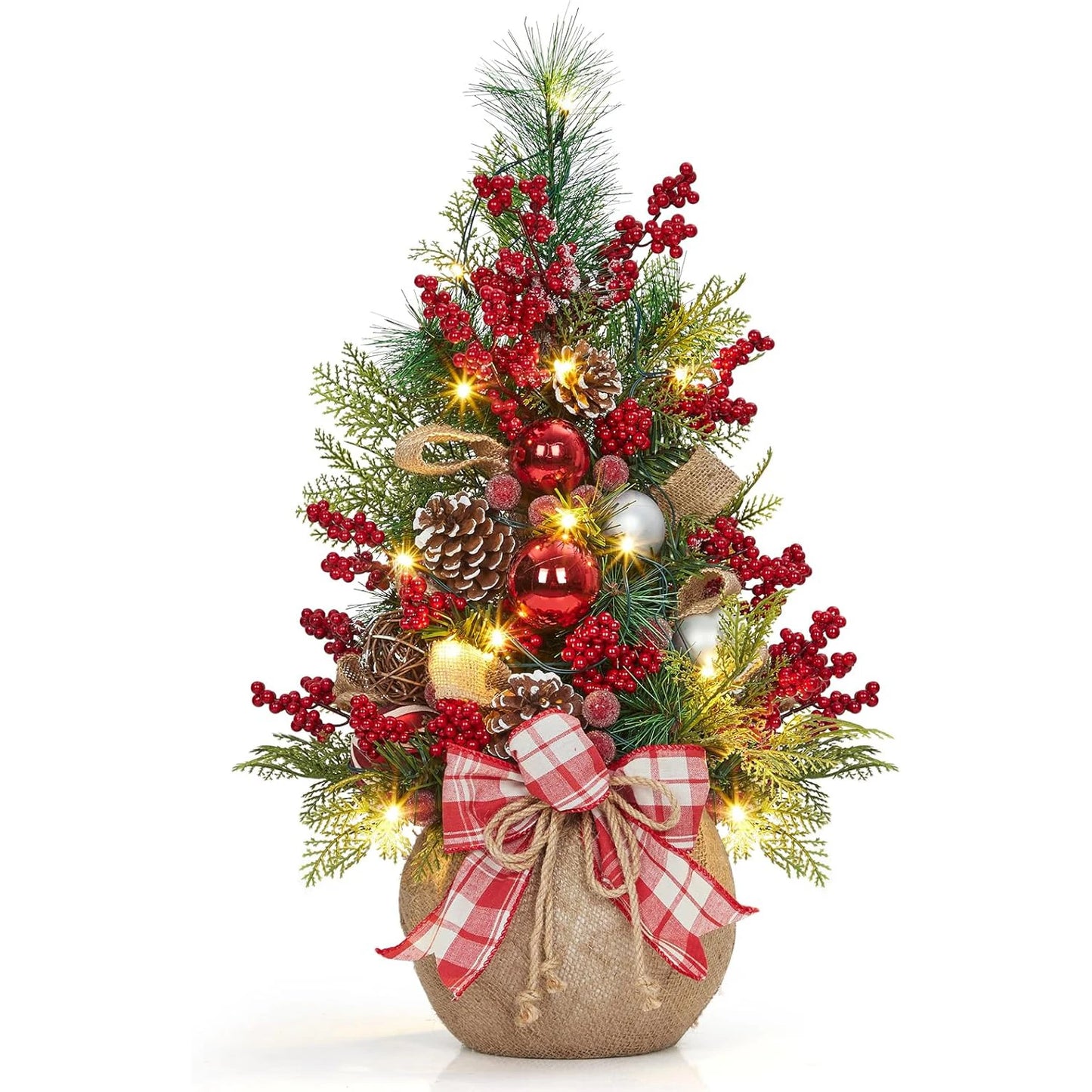 Prelit Mini Christmas Tree With Lights Bow Balls Red Berries