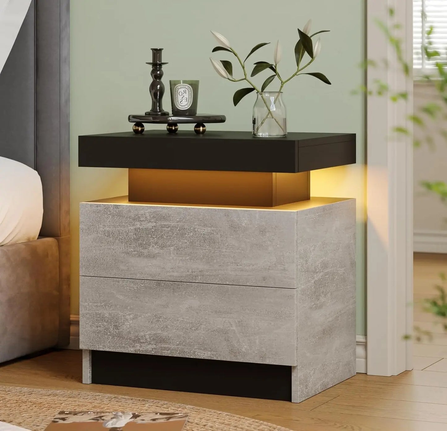 ANGDUO LED Nightstand With Two Wood Drawers Bedside Table