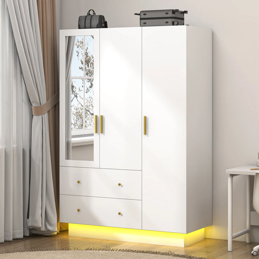 QiaoShiRen Modern Wooden Armoire Wardrobe With Mirror LED Lights