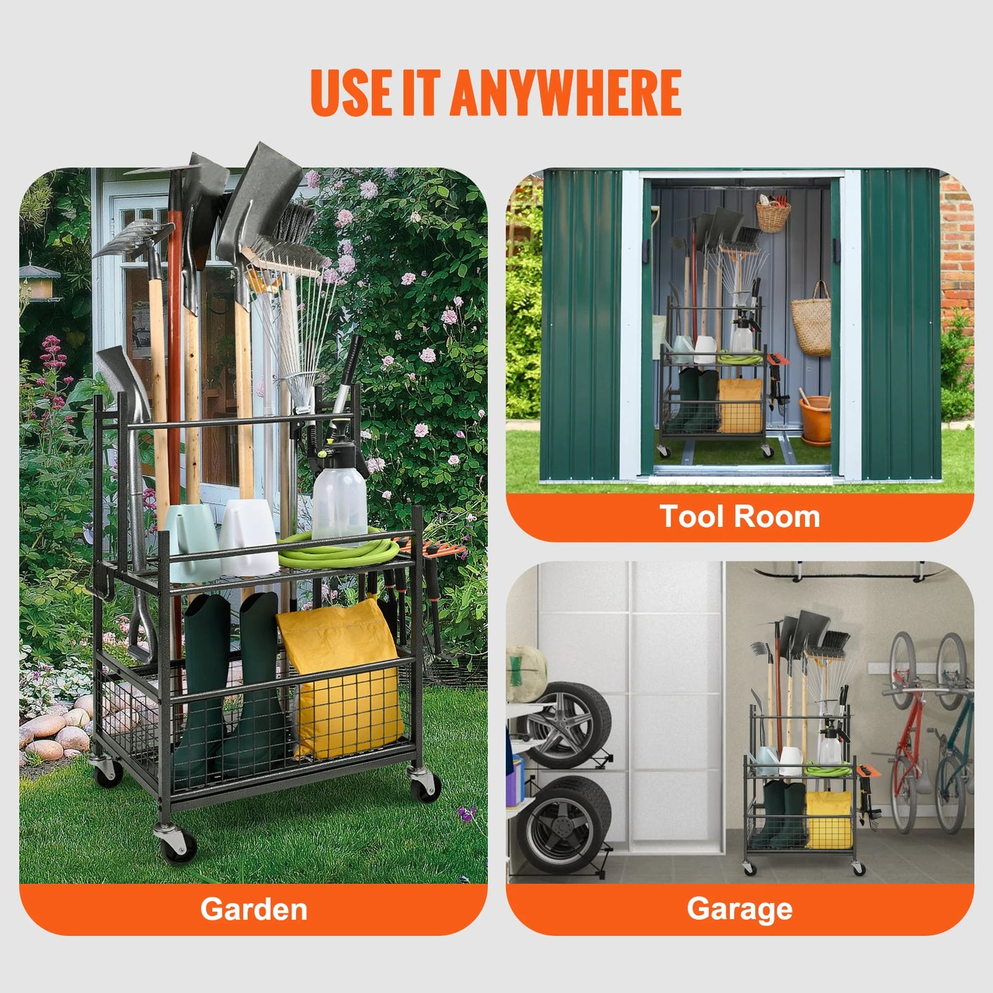 SucceBuy 16 Slots Garden Tool Rack with Hooks and Wheels