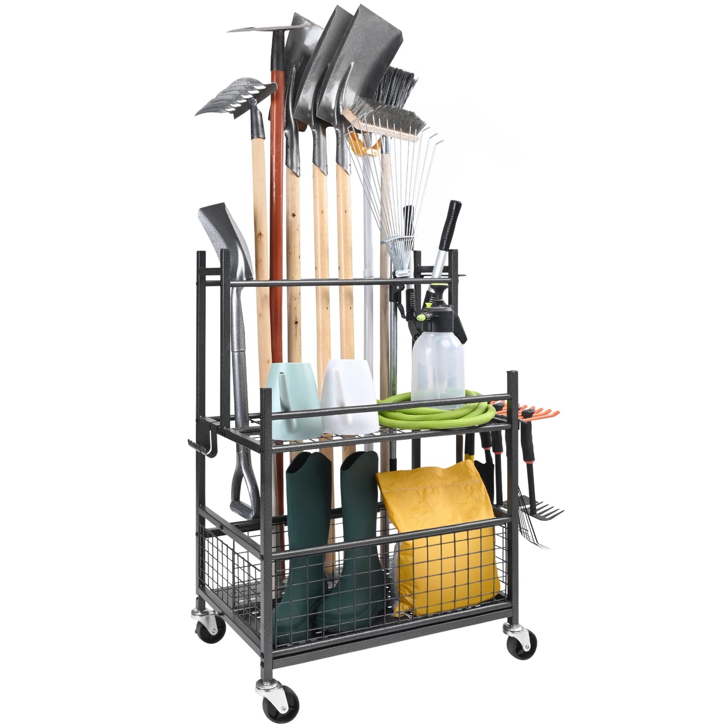 SucceBuy 16 Slots Garden Tool Rack with Hooks and Wheels