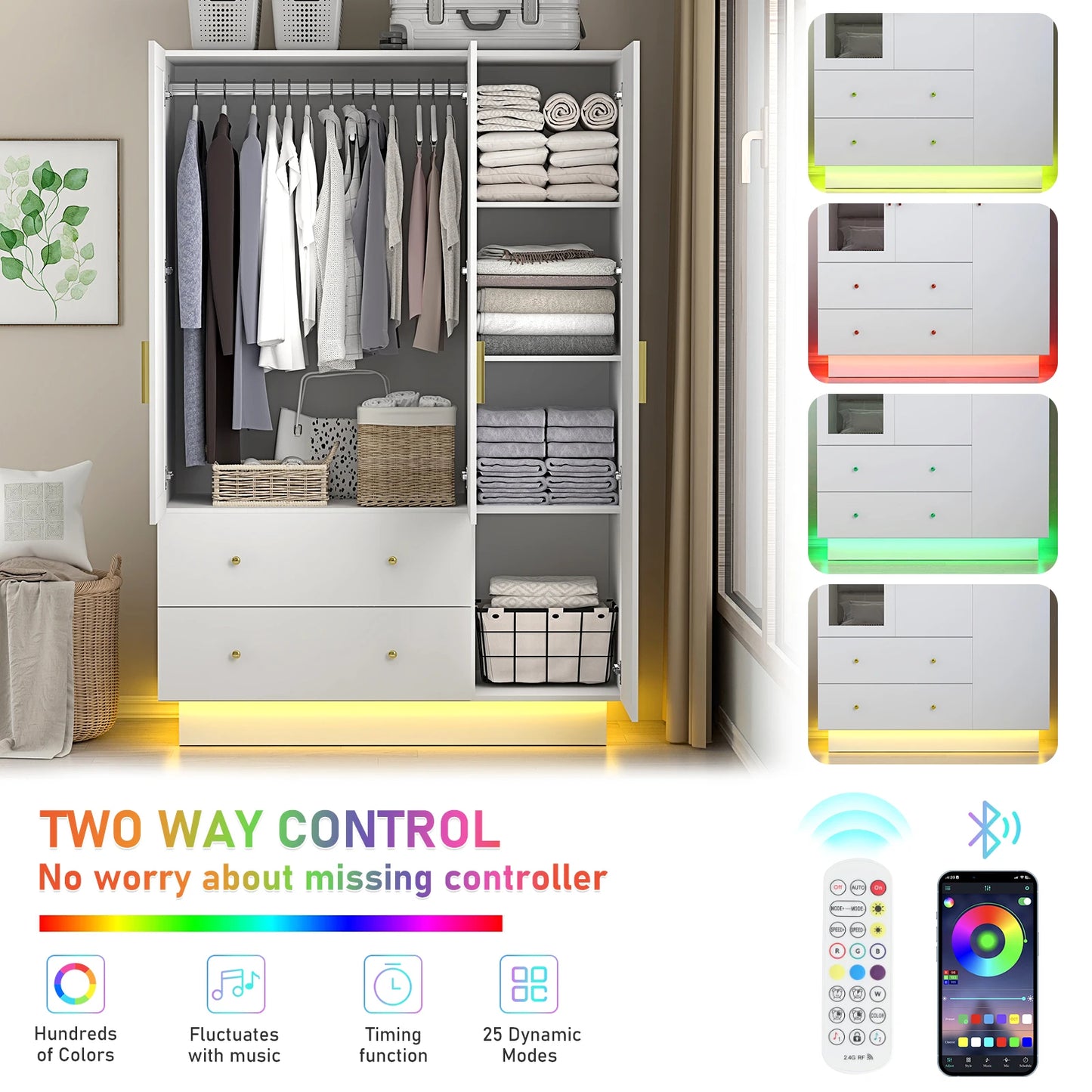 QiaoShiRen Modern Wooden Armoire Wardrobe With Mirror LED Lights