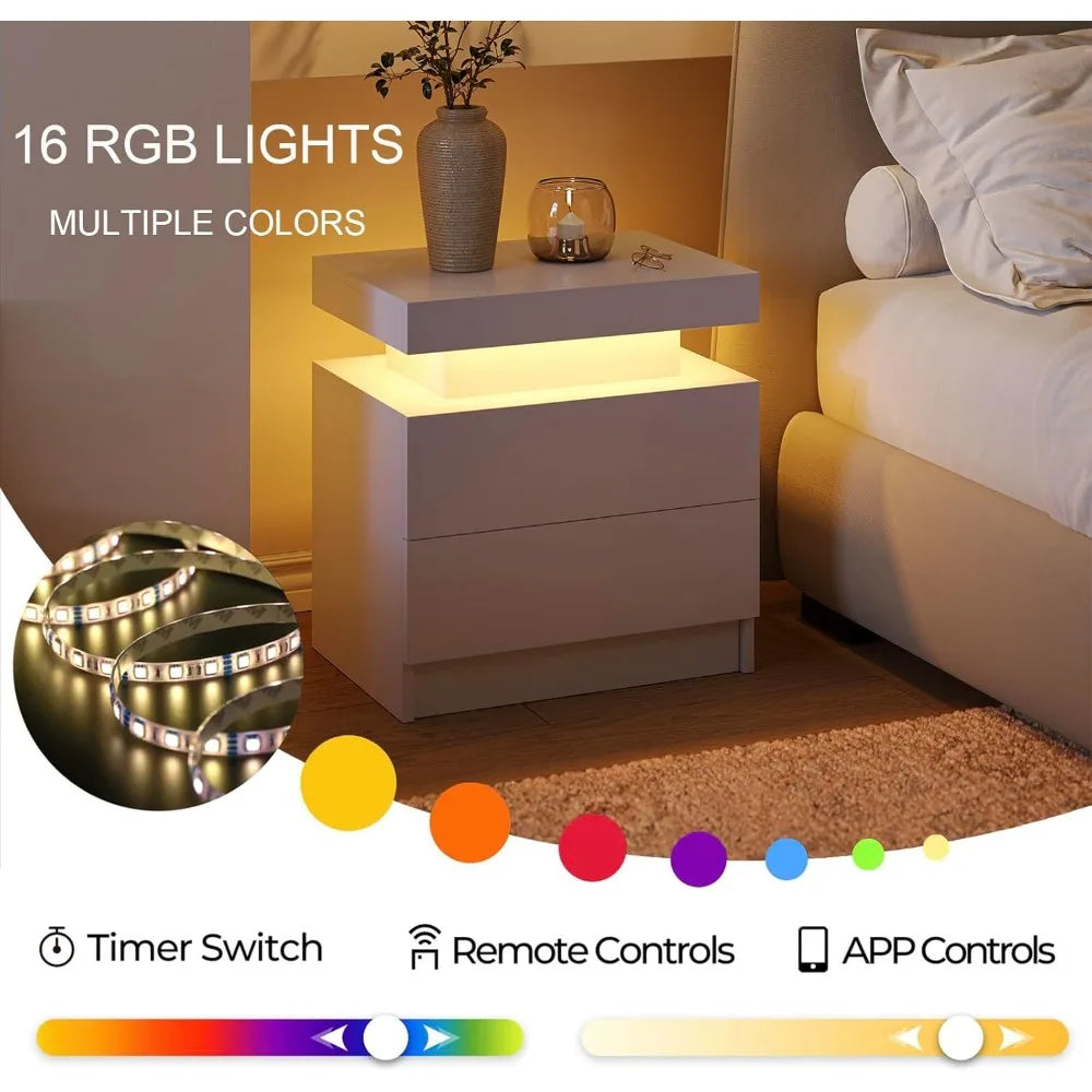 ANGDUO LED Nightstand With Two Wood Drawers Bedside Table